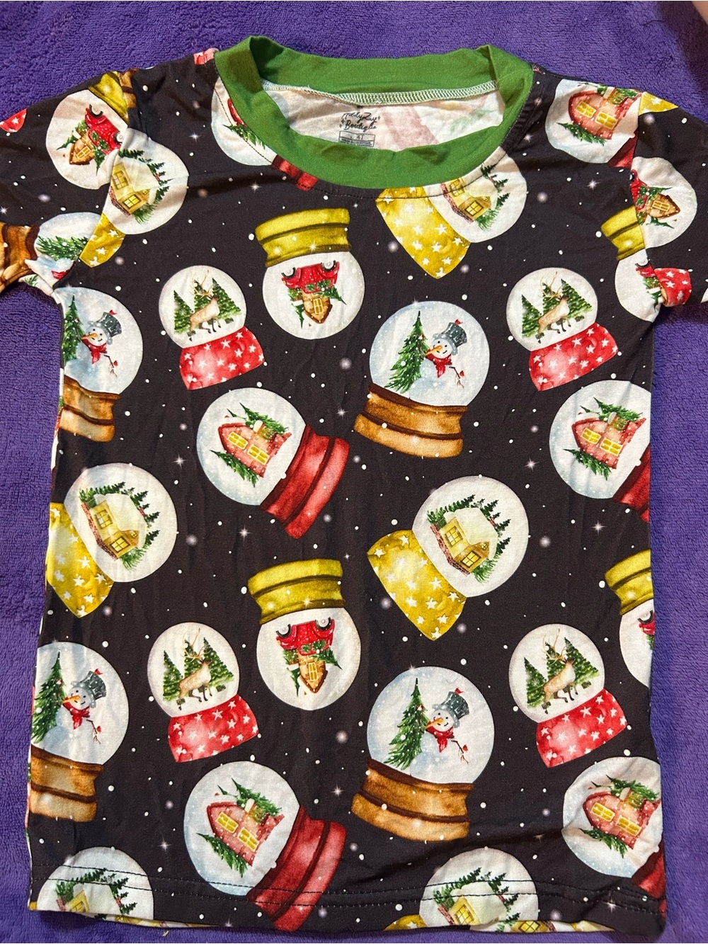 Festive Snow Globe Print Tee with Green Trim